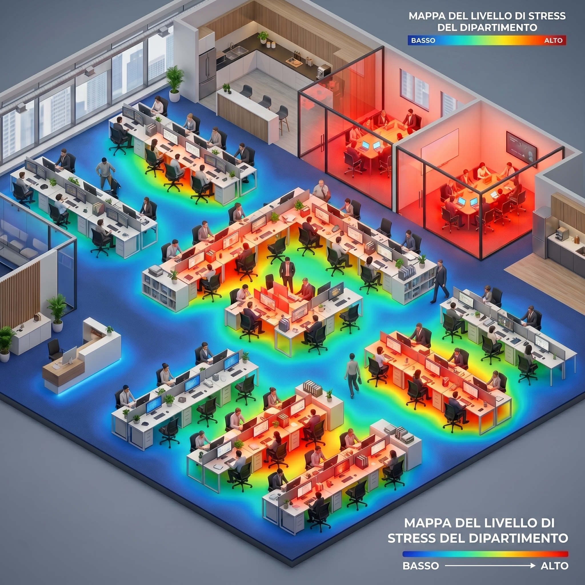Esempio di restituzione aggregata: planimetria isometrica di un ufficio con mappa di calore del livello di stress per zona — dal blu (basso) al rosso (alto). Le persone non sono identificabili.